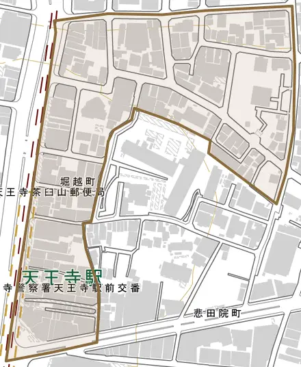 堀越町とその周辺の地図。町の範囲を重ねている