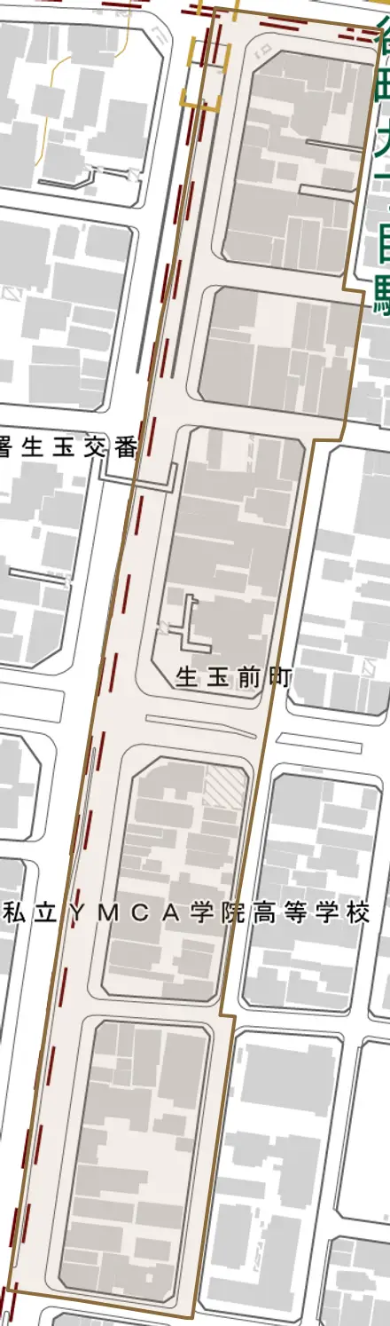 生玉前町とその周辺の地図。町の範囲を重ねている
