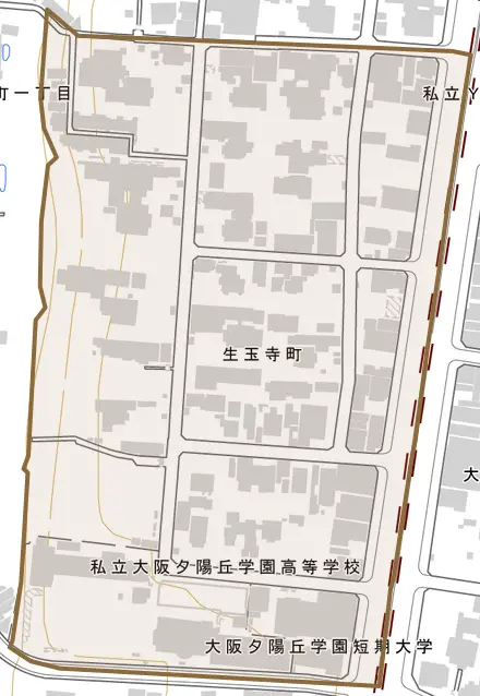 生玉寺町とその周辺の地図。町の範囲を重ねている
