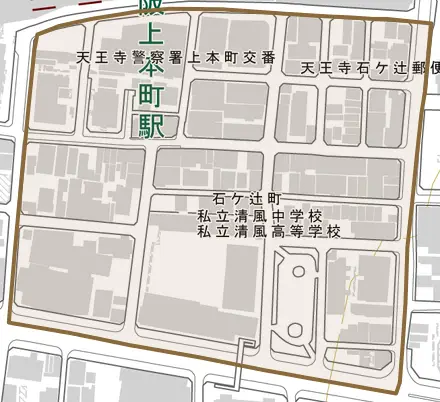 石ケ辻町とその周辺の地図。町の範囲を重ねている
