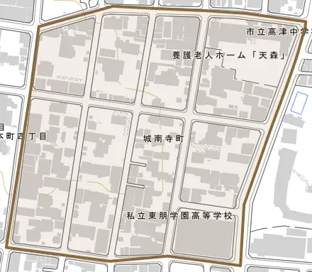 城南寺町とその周辺の地図。町の範囲を重ねている