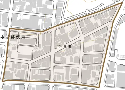 空清町とその周辺の地図。町の範囲を重ねている