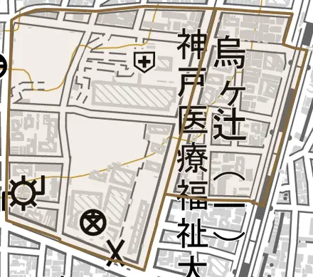 烏ケ辻とその周辺の地図。町の範囲を重ねている