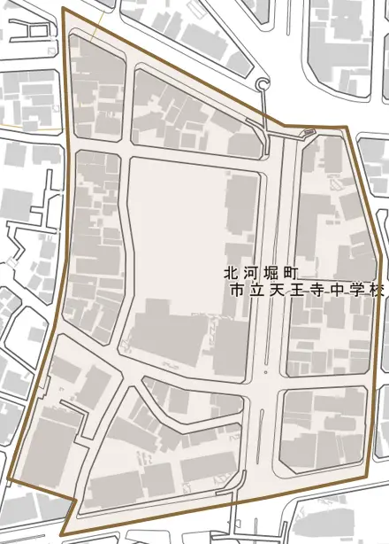 北河堀町とその周辺の地図。町の範囲を重ねている