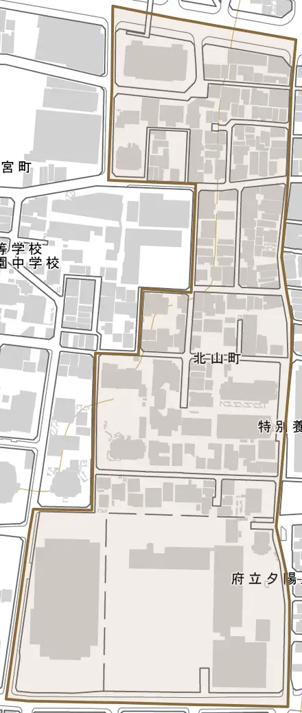 北山町とその周辺の地図。町の範囲を重ねている