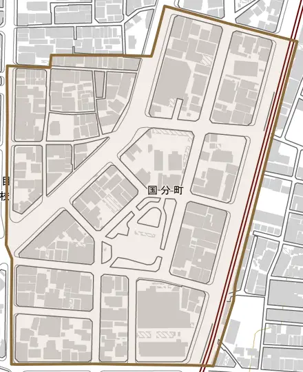 国分町とその周辺の地図。町の範囲を重ねている