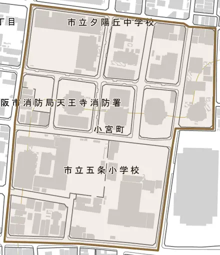 小宮町とその周辺の地図。町の範囲を重ねている