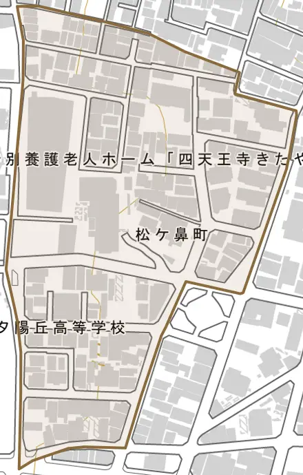 松ケ鼻町とその周辺の地図。町の範囲を重ねている