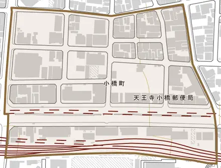 小橋町とその周辺の地図。町の範囲を重ねている