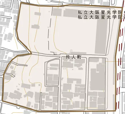 伶人町とその周辺の地図。町の範囲を重ねている