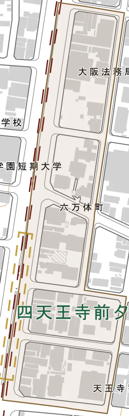 六万体町とその周辺の地図。町の範囲を重ねている