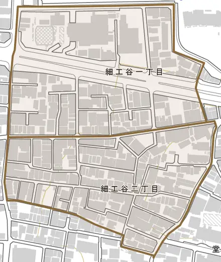 細工谷とその周辺の地図。町の範囲を重ねている