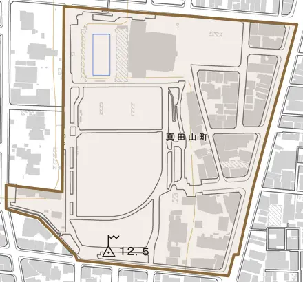 真田山町とその周辺の地図。町の範囲を重ねている