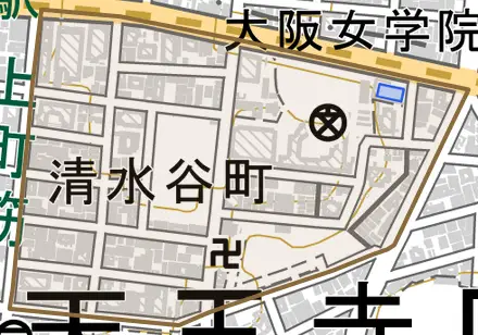 清水谷町とその周辺の地図。町の範囲を重ねている