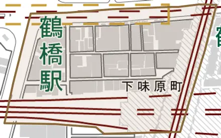 下味原町とその周辺の地図。町の範囲を重ねている