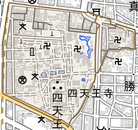 四天王寺とその周辺の地図。町の範囲を重ねている