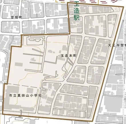 玉造本町とその周辺の地図。町の範囲を重ねている