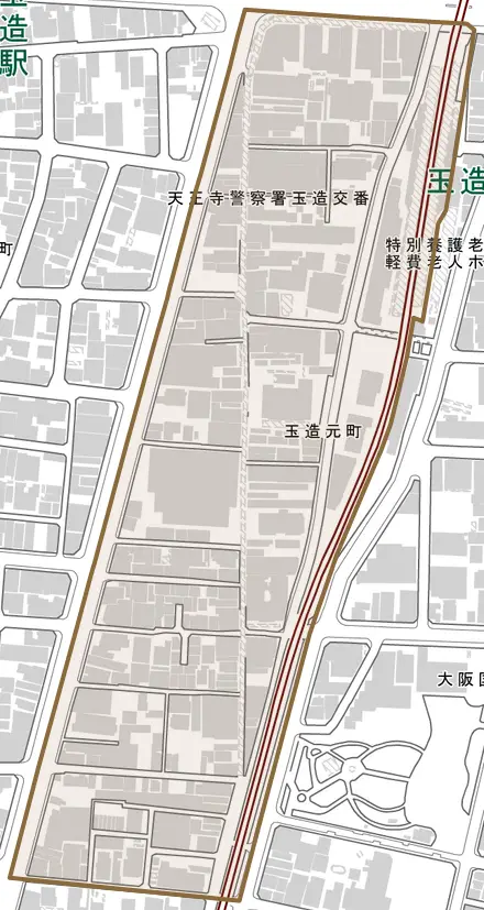 玉造元町とその周辺の地図。町の範囲を重ねている