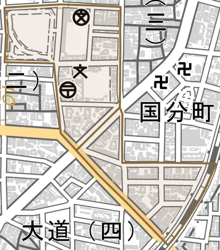 寺田町とその周辺の地図。町の範囲を重ねている