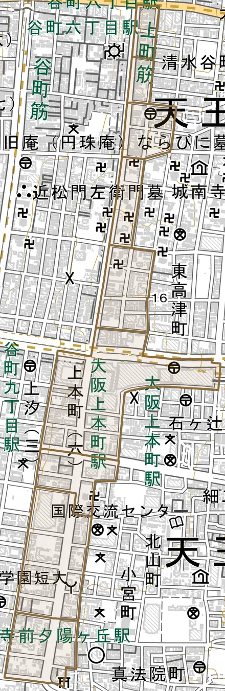 上本町とその周辺の地図。町の範囲を重ねている