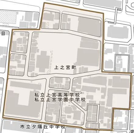 上之宮町とその周辺の地図。町の範囲を重ねている
