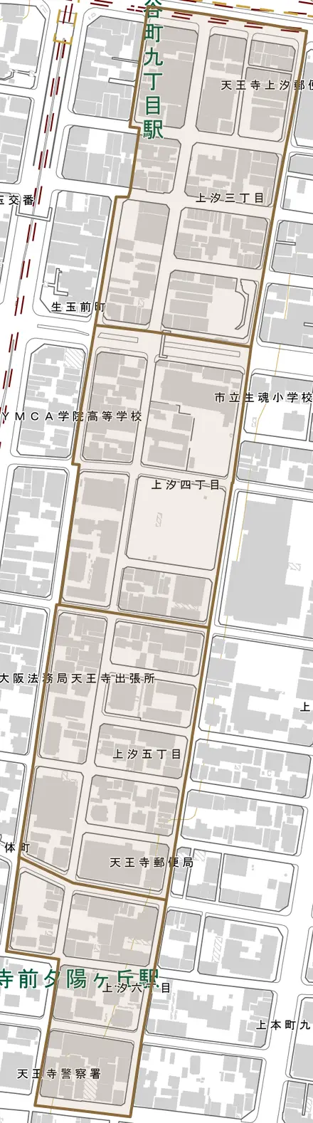 上汐とその周辺の地図。町の範囲を重ねている