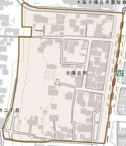 夕陽丘町とその周辺の地図。町の範囲を重ねている