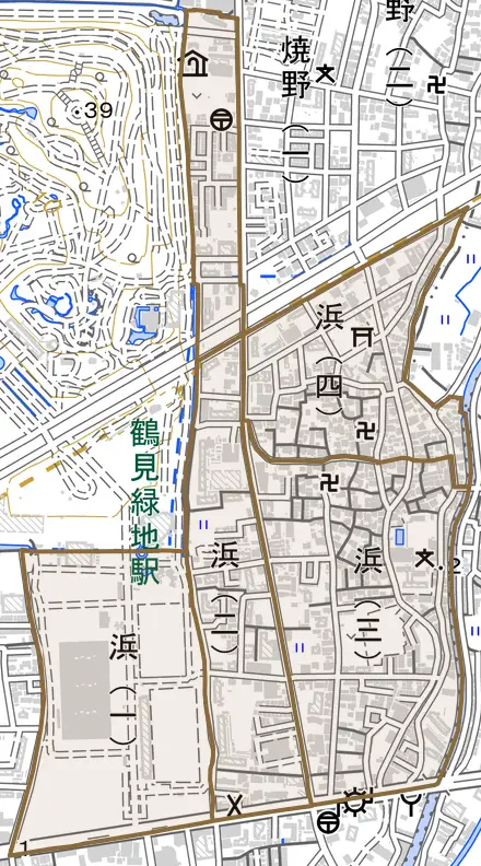 浜とその周辺の地図。町の範囲を重ねている