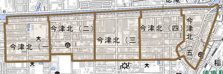 今津北とその周辺の地図。町の範囲を重ねている