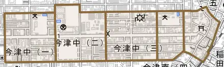 今津中とその周辺の地図。町の範囲を重ねている
