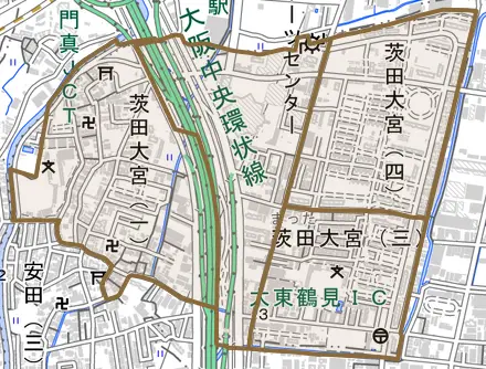 茨田大宮とその周辺の地図。町の範囲を重ねている