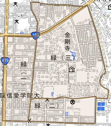 緑とその周辺の地図。町の範囲を重ねている