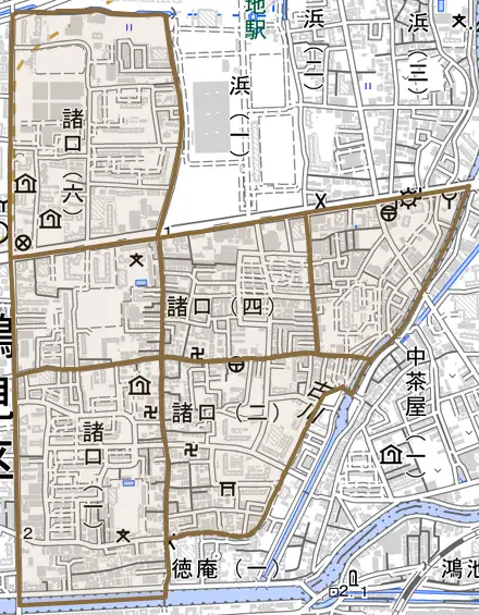 諸口とその周辺の地図。町の範囲を重ねている