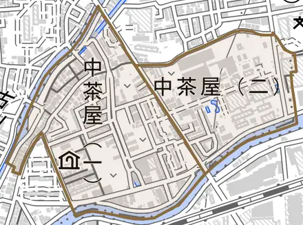 中茶屋とその周辺の地図。町の範囲を重ねている