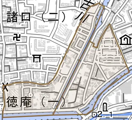 徳庵とその周辺の地図。町の範囲を重ねている