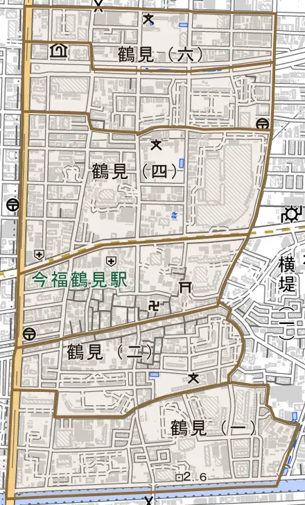 鶴見とその周辺の地図。町の範囲を重ねている