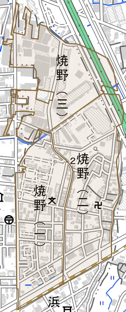 焼野とその周辺の地図。町の範囲を重ねている