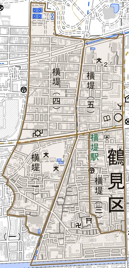 横堤とその周辺の地図。町の範囲を重ねている