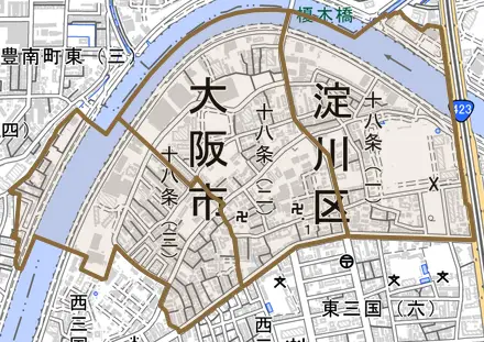 十八条とその周辺の地図。町の範囲を重ねている