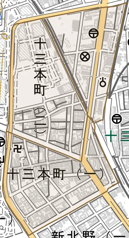 十三本町とその周辺の地図。町の範囲を重ねている