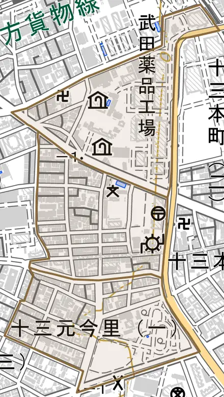 十三元今里とその周辺の地図。町の範囲を重ねている