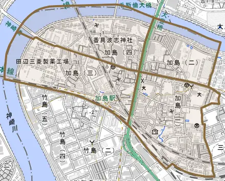 加島とその周辺の地図。町の範囲を重ねている