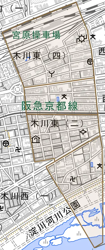 木川東とその周辺の地図。町の範囲を重ねている