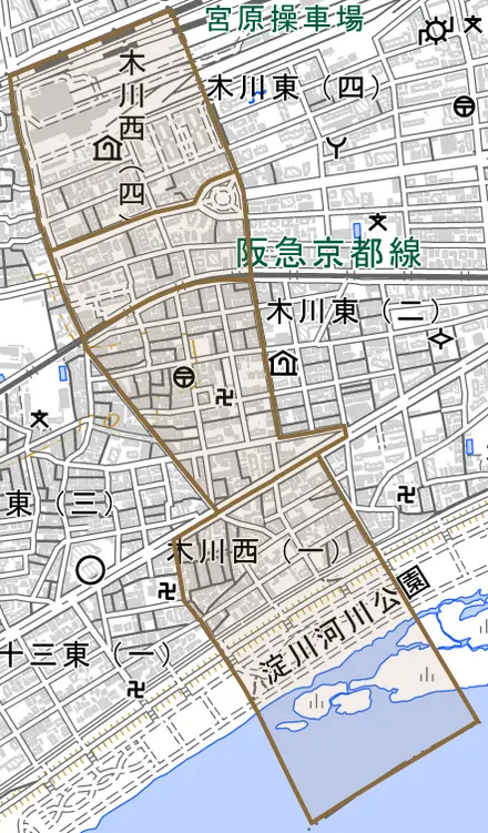 木川西とその周辺の地図。町の範囲を重ねている