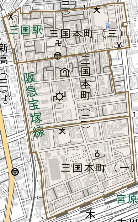 三国本町とその周辺の地図。町の範囲を重ねている