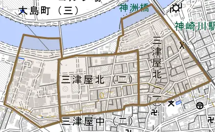 三津屋北とその周辺の地図。町の範囲を重ねている