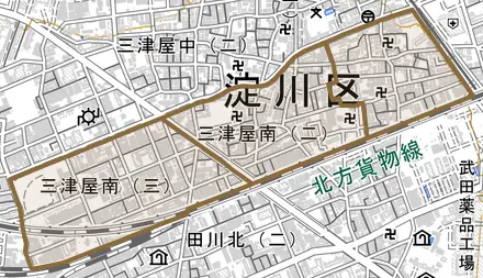 三津屋南とその周辺の地図。町の範囲を重ねている