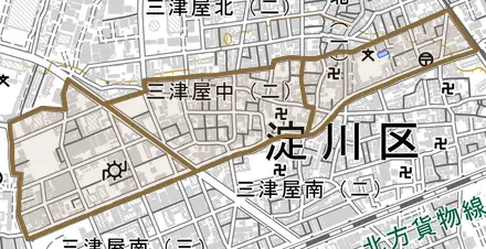 三津屋中とその周辺の地図。町の範囲を重ねている