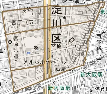 宮原とその周辺の地図。町の範囲を重ねている