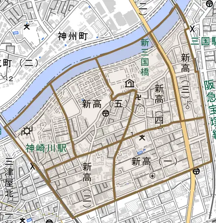 新高とその周辺の地図。町の範囲を重ねている
